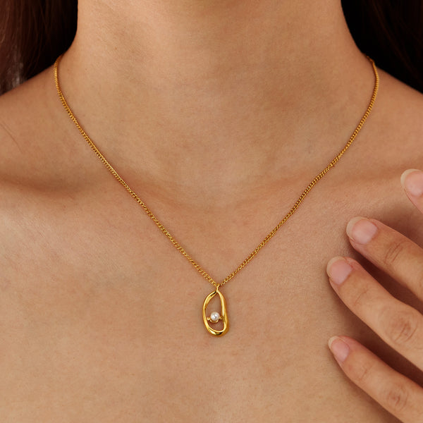 Women’s Titanium Stainless Steel Pearl Pendant Necklace – Gold-Plated Abstract Oval Charm, Hypoallergenic Modern Jewelry for Everyday & Special Occasions-Women's Necklace-SunnyHouse Jewelry