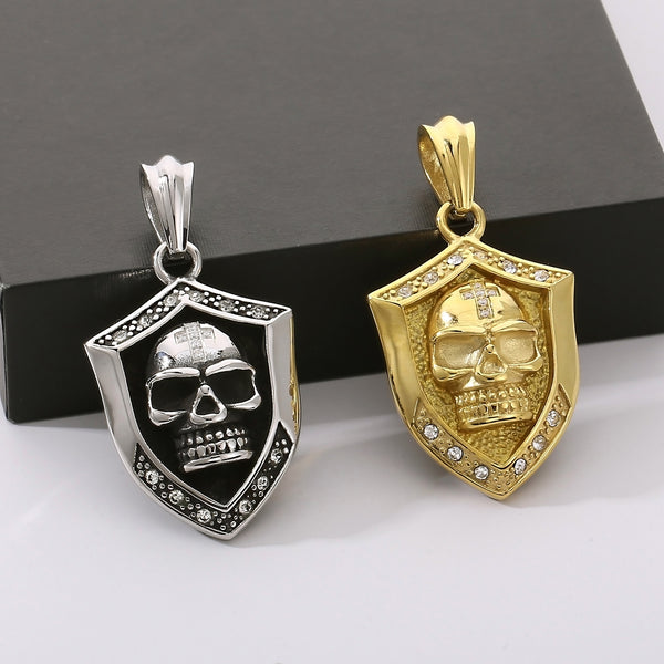 Men’s Titanium Stainless Steel Skull Pendant Necklace – Gold-Plated Shield Design with Crystals – Durable Fashion Necklace for Men-Men's Pendant Necklace-SunnyHouse Jewelry