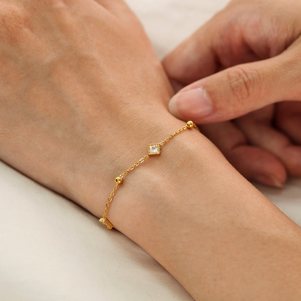 18K Gold‑Plated Titanium Stainless Steel Princess‑Cut CZ Station Bracelet for Women – Adjustable Dainty Hypoallergenic & Tarnish‑Resistant Jewelry Gift-Women's Bangle-SunnyHouse Jewelry
