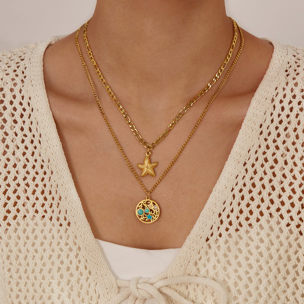 Women’s Fashion Pendant Necklace – Double Layer Gold Starfish & Ocean Round Pendant with Turquoise Inlay – Beach Jewelry for Women-Women's Necklace-SunnyHouse Jewelry