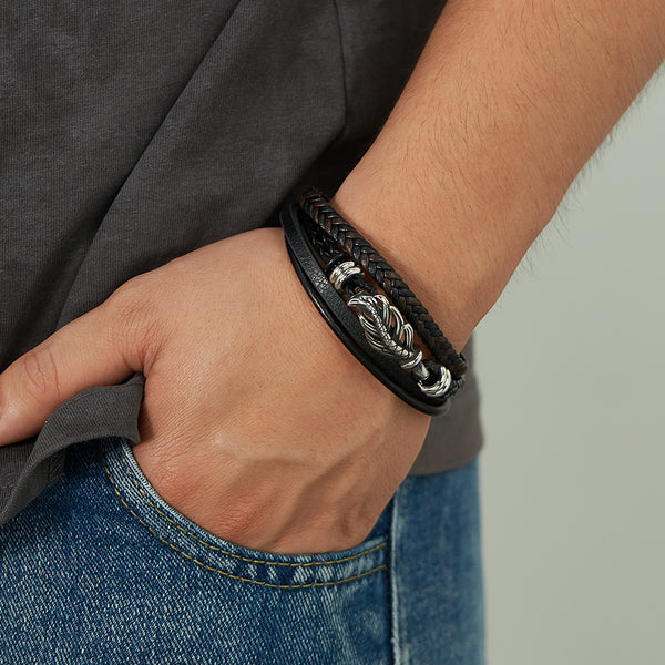 Men's Woven Leather Bracelet with Stainless Steel Dragon Clasp - Durable and Fashion-Forward Accessory-Men's Bracelet-SunnyHouse Jewelry