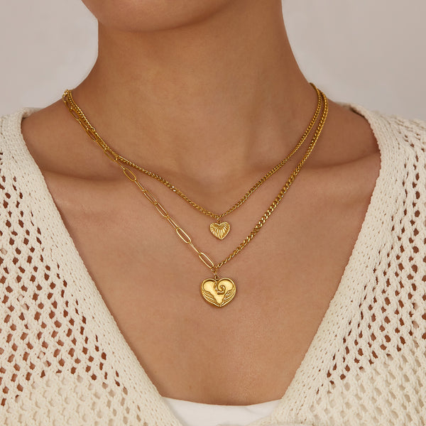Women’s Fashion Layered Pendant Necklace – Gold-Tone Double Chain with Heart Charms, Fashion Jewelry for Women and Girls-Women's Necklace-SunnyHouse Jewelry