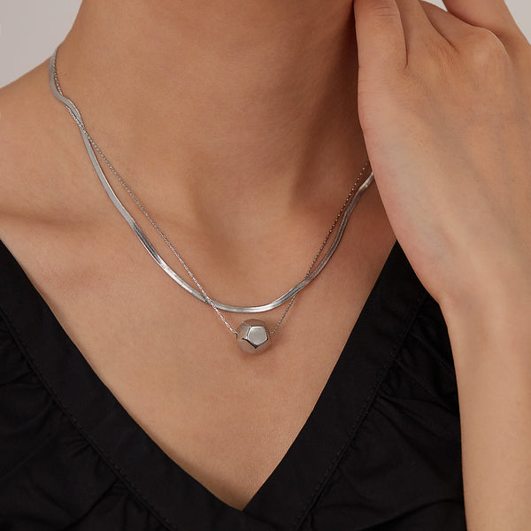 Women’s Lucky Ball Layered Pendant Necklace – Silver Double Chain with Geometric Charm, Minimalist Durable Fashion Jewelry for Women-Women's Necklace-SunnyHouse Jewelry