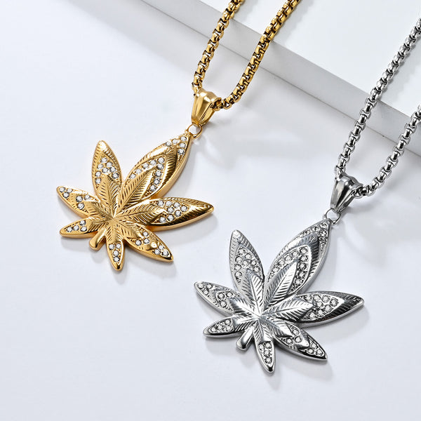 Men's Gold Marijuana Leaf Pendant Necklace - Iced Out Design, Durable, Hypoallergenic, Stylish Hip-Hop Jewelry-Men's Pendant Necklace-SunnyHouse Jewelry