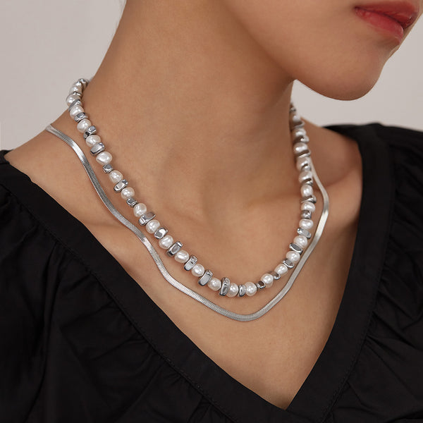 Women’s Stainless Steel Pearl and Hematite Necklace – Silver Chain Layered Design, Durable Fashion Jewelry, Elegant Pendant Necklace for Women-Women's Necklace-SunnyHouse Jewelry