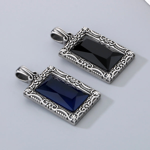 Men’s Titanium Stainless Steel Blue Stone Pendant Necklace – Vintage-Style Rectangular Pendant with Intricate Detailing – Durable Fashion Necklace for Men-Men's Pendant Necklace-SunnyHouse Jewelry