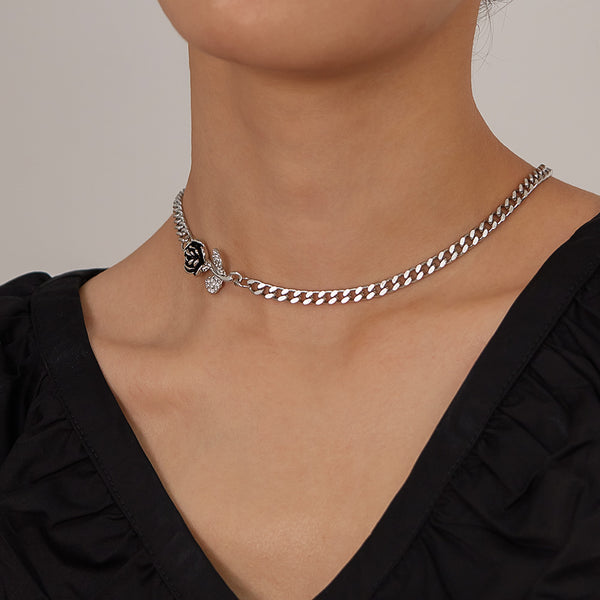 Women’s Lucky Rose Pendant Necklace – Silver Chain with Black Rose and Crystal Leaves, Elegant Durable Fashion Jewelry for Women-Women's Necklace-SunnyHouse Jewelry