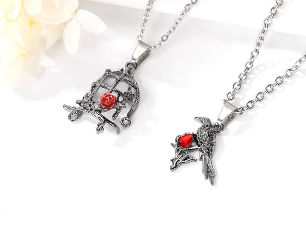 Couple Matching Bird & Cage Pendant Necklaces – Matching His & Hers Love Necklaces with Red Crystal Rose, Romantic Jewelry for Anniversary, Valentine’s Day, Birthday Gift-Couple Pendant Necklace-SunnyHouse Jewelry