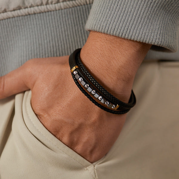 Sophisticated Men's Black Leather and Stainless Steel Beaded Bracelet – Elegant Design with Magnetic Clasp-Men's Earrings-SunnyHouse Jewelry
