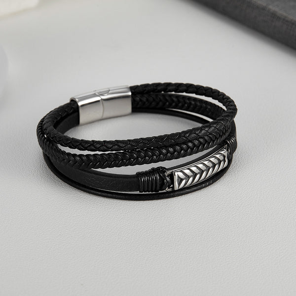 Men's Multi-Strand Leather Bracelet with Stainless Steel Arrow Detail - Stylish and Versatile Accessory-Men's Bracelet-SunnyHouse Jewelry