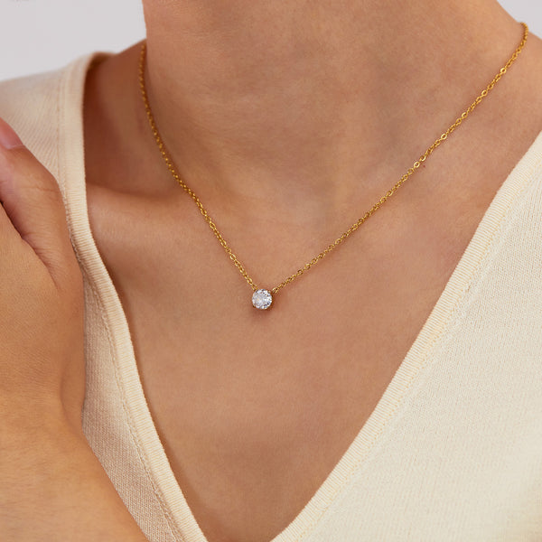 Classic Solitaire Crystal Pendant Necklace in Titanium Stainless Steel with Gold-Tone Finish-Women's Necklace-SunnyHouse Jewelry