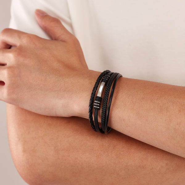 Men’s Multi-Layer Leather Bracelet with Titanium Stainless Steel Clasp – Braided & Smooth Black Bands, Magnetic Closure, Stylish Cuff Jewelry for Men-Men's Bracelet-SunnyHouse Jewelry