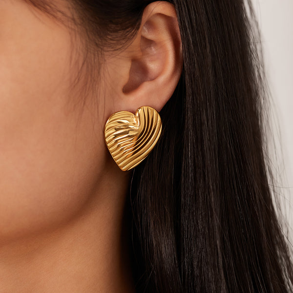 Women's Sculpted Gold Heart Earrings - Elegant Swirl Design Studs for Everyday Glamour-Women's Earrings-SunnyHouse Jewelry