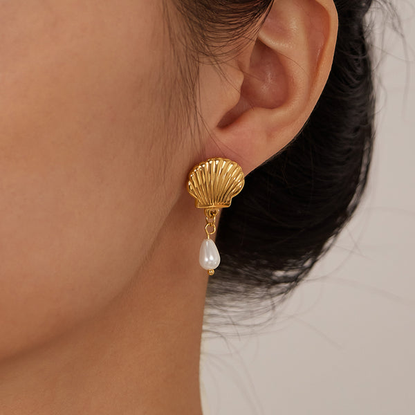 Women’s Gold Shell Pearl Drop Earrings – Elegant Seashell Dangle Earrings with Simulated Pearl, Ocean-Inspired Jewelry for Women and Girls-Women's Earrings-SunnyHouse Jewelry