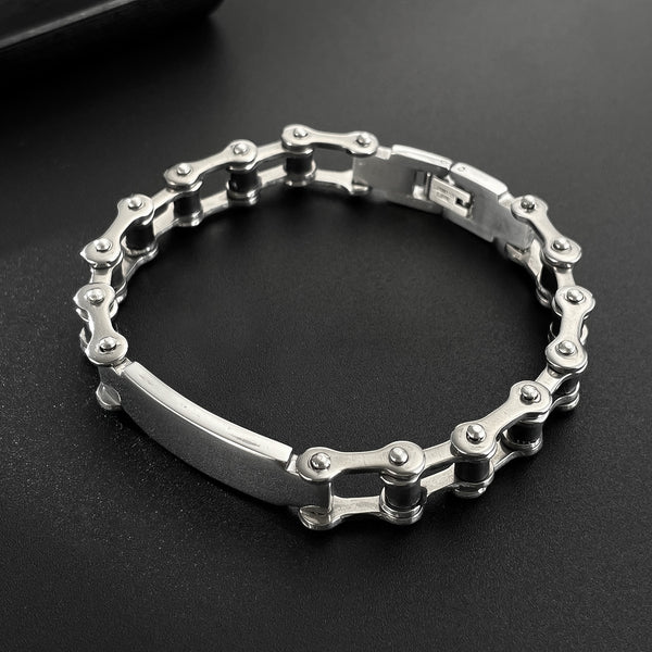 Men’s Motorcycle Chain Bracelet – Heavy Duty Biker Style ID Bracelet for Men – Durable, Scratch-Resistant, Polished Black & Silver Finish-Men's Bracelet-SunnyHouse Jewelry