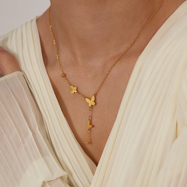 Women's Gold Butterfly Y-Necklace - Delicate Drop Pendant with Pearl Accent-Women's Necklace-SunnyHouse Jewelry