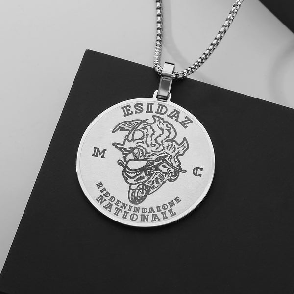 Men’s Titanium Stainless Steel Pendant Necklace – Circular Medallion Design with Engraved Blue Pattern – Durable Fashion Necklace for Men-Men's Pendant Necklace-SunnyHouse Jewelry