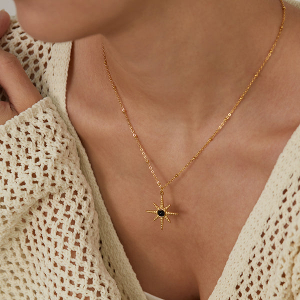 Women's Titanium Stainless Steel Star Pendant Necklace with Black Stone – Gold-Plated Chain – Hypoallergenic & Tarnish Resistant-Women's Necklace-SunnyHouse Jewelry