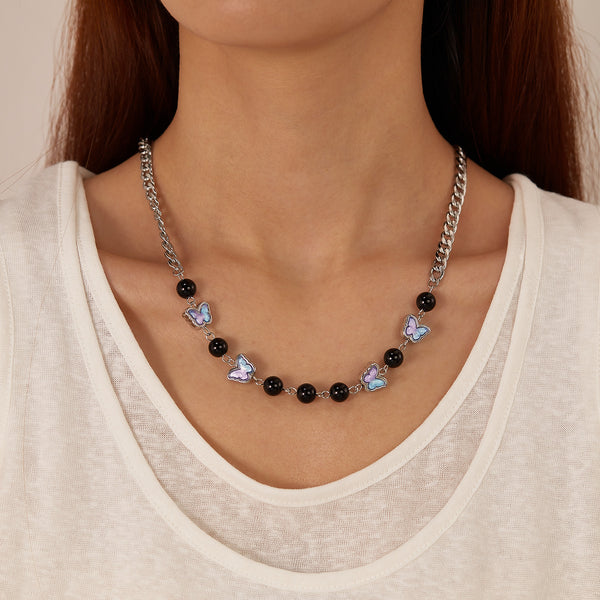 Stylish Women's Stainless Steel Chain Necklace with Black Pearls and Butterfly Charms – Unique, Fashionable Accessory-Women's Necklace-SunnyHouse Jewelry