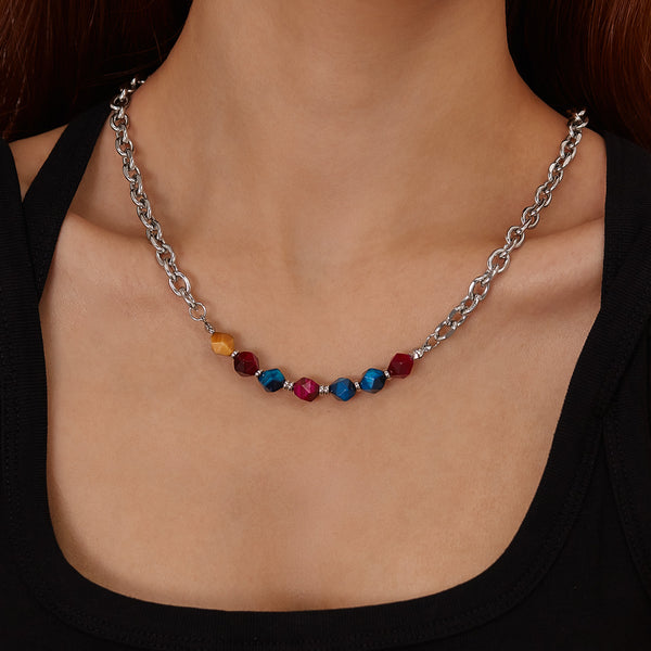 Women’s Fashion Necklace with Colorful Stones – Silver Chain Fashion Jewelry for Everyday Wear and Layering-Women's Necklace-SunnyHouse Jewelry
