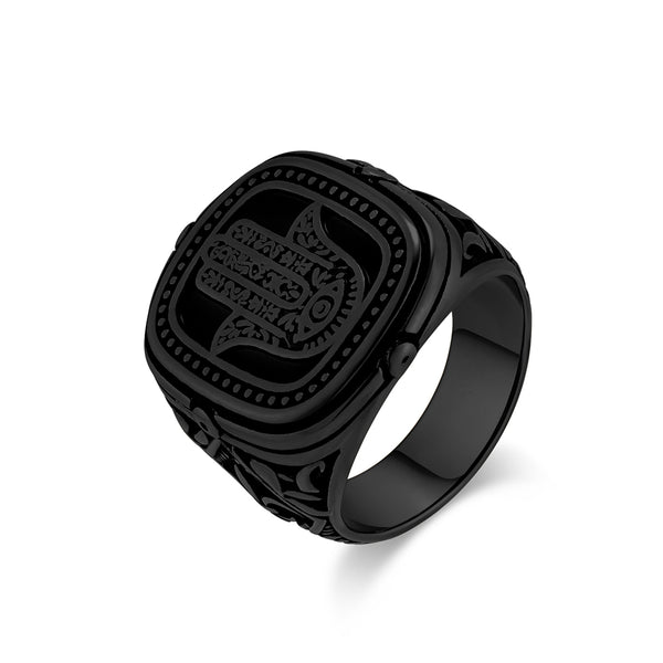 Men's Hamsa Hand Ring - Vintage Black Engraved Signet Ring for Protection and Style-Men's Ring-SunnyHouse Jewelry