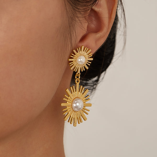 Women’s Gold Sunburst Pearl Drop Earrings – Elegant Double Sun Statement Earrings with Simulated Pearl, Fashion Jewelry for Women and Girls-Women's Earrings-SunnyHouse Jewelry