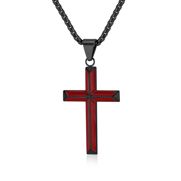 Men's Titanium Stainless Steel Cross Pendant Necklace with Black Inlay - Elegant and Bold Accessory-Men's Pendant Necklace-SunnyHouse Jewelry