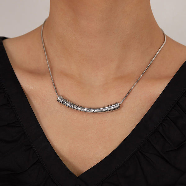 Women’s Lucky Bar Pendant Necklace – Silver Engraved Floral Design, Minimalist Fashion Jewelry for Women, Durable Everyday Necklace-Women's Necklace-SunnyHouse Jewelry