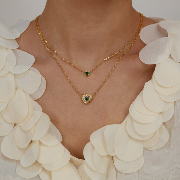 Women's Titanium Stainless Steel Double Layer Heart Pendant Necklace, Gold-Plated with Green Crystal Accents – Fashion Jewelry for Casual and Special Occasions-Women's Necklace-SunnyHouse Jewelry