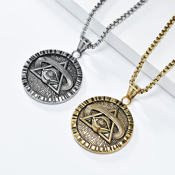 Men's Titanium Stainless Steel All-Seeing Eye Pendant Necklace - Vintage Symbolic Jewelry with Triangle and Eye Design-Men's Pendant Necklace-SunnyHouse Jewelry