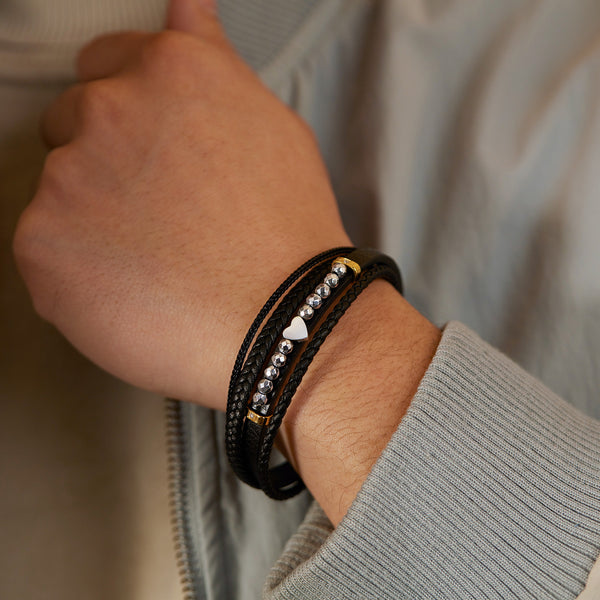 Men's Multi-Strand Leather Bracelet with Heart and Stainless Steel Beads – Stylish, Magnetic Closure-Men's Bracelet-SunnyHouse Jewelry
