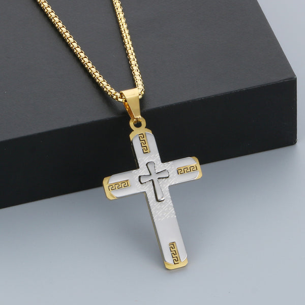 Men’s Titanium Stainless Steel Cross Pendant Necklace – Gold-Plated Religious Necklace with Greek Key Design – Durable Christian Jewelry for Men-Men's Pendant Necklace-SunnyHouse Jewelry