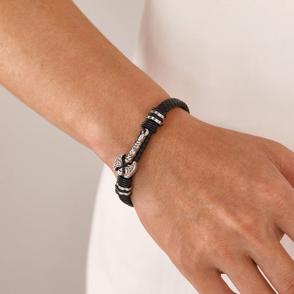 Men’s Viking Leather Bracelet with Stainless Steel Axe Charm – Braided Black Leather Norse Bracelet, Magnetic Clasp, Nordic Warrior Jewelry for Men-Men's Bracelet-SunnyHouse Jewelry