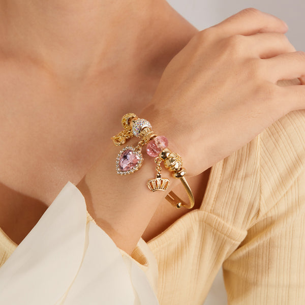 Gold Charm Bracelet for Women with Pink Heart and Crown Charms - Elegant and Stylish Jewelry for Any Occasion-Women's Bangle-SunnyHouse Jewelry