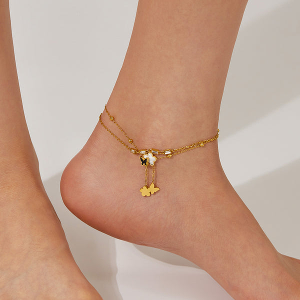 Gold Anklet with Crystal Square Charms and Floral Accents - Elegant Accessory for Any Occasion-Women's Anklet-SunnyHouse Jewelry