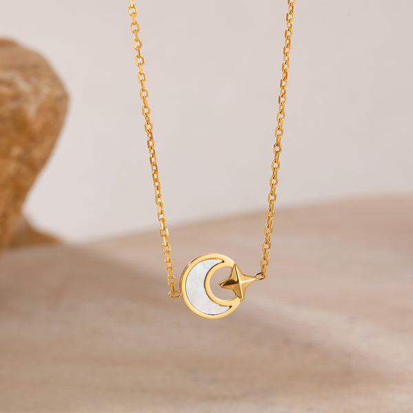 Women’s Titanium Stainless Steel Moon and Star Pendant Necklace – Gold Plated Celestial Design with Mother of Pearl Inlay – Dainty Hypoallergenic Jewelry-Women's Necklace-SunnyHouse Jewelry