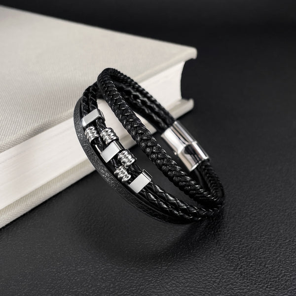 Men’s Titanium Stainless Steel Leather Bracelet – Multi-Strand Black Braided and Flat Leather Band – Magnetic Clasp Wristband for Men – Durable & Stylish Gift-Men's Bracelet-SunnyHouse Jewelry