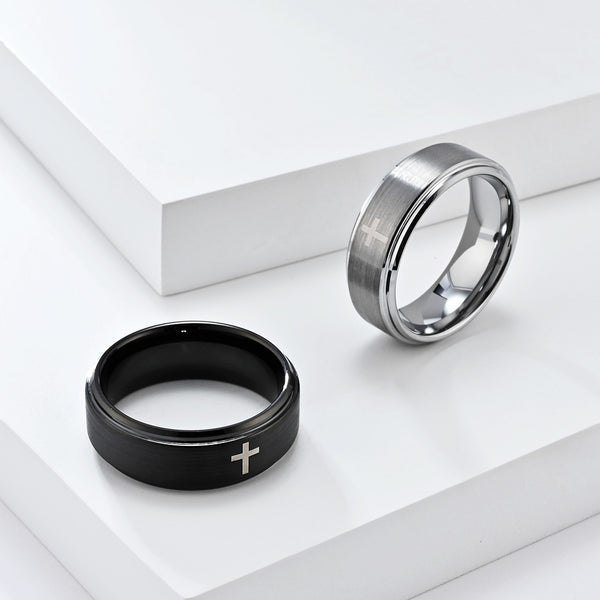 Sleek Black Titanium Stainless Steel Men's Ring with Cross Symbol - Modern Design, Comfort Fit, Hypoallergenic, Durable, 8mm-Men's Ring-SunnyHouse Jewelry