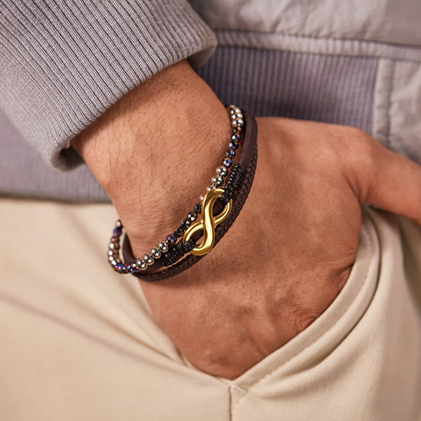 Men's Multilayer Leather and Crystal Beaded Bracelet with Gold Plated Infinity Clasp – Fashionable and Versatile-Men's Bracelet-SunnyHouse Jewelry