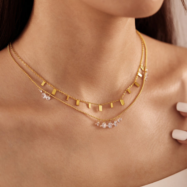 Women’s Layered Pendant Necklace – Gold Plated Titanium Stainless Steel with Crystal Charms and Bar Accents – Dainty Hypoallergenic Double Chain Jewelry-Women's Necklace-SunnyHouse Jewelry