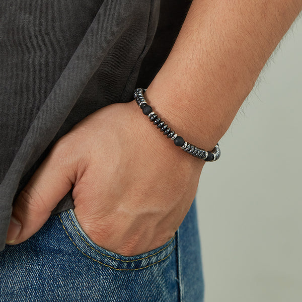 Men’s Titanium Stainless Steel Bracelet – Black Bead & Disc Chain Design, Adjustable Clasp, Durable Fashion Jewelry for Casual & Formal Wear-Men's Bracelet-SunnyHouse Jewelry