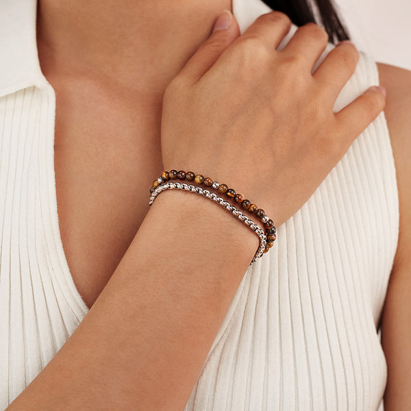 Titanium Stainless Steel & Tiger‑Eye Bead Double‑Chain Bracelet for Women – Adjustable 6.5″‑8.5″ Layered Hypoallergenic & Tarnish‑Resistant Jewelry Gift-Women's Bangle-SunnyHouse Jewelry
