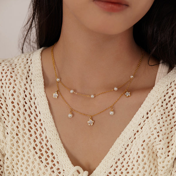 Women’s Simple Fashion Pendant Necklace – Layered Gold Chain with Pearl & Clover Charms, Dainty Fashion Jewelry for Everyday Wear and Special Occasions-Women's Necklace-SunnyHouse Jewelry