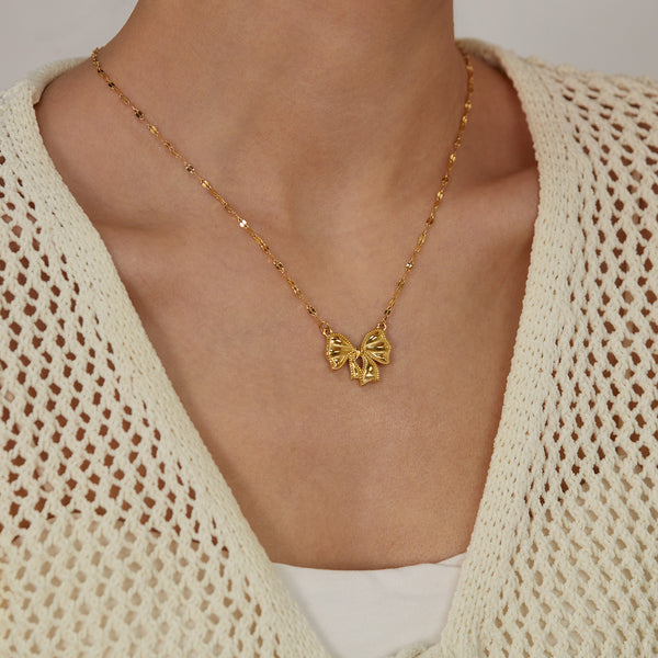 Women's Titanium Stainless Steel Bow Pendant Necklace – Gold-Plated Chain – Hypoallergenic & Tarnish Resistant-Women's Necklace-SunnyHouse Jewelry