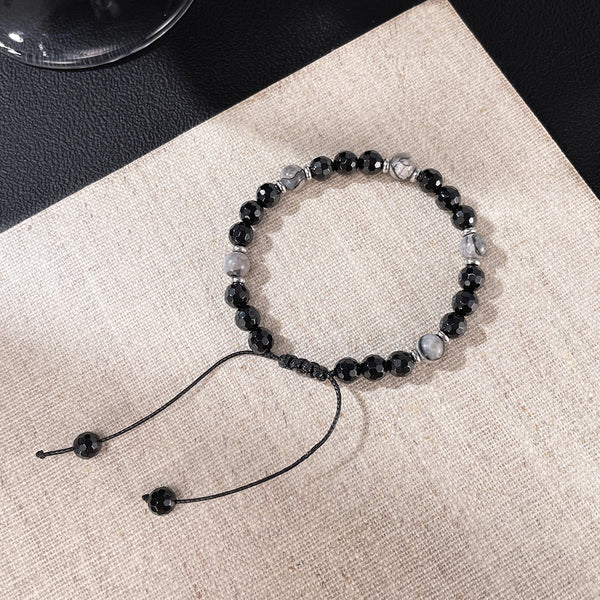 Men’s Beaded Bracelet – Adjustable Black Faceted Beads with Green Natural Stone Accents – Handmade Braided Cord, Stylish and Comfortable Jewelry for Men-Men's Bracelet-SunnyHouse Jewelry