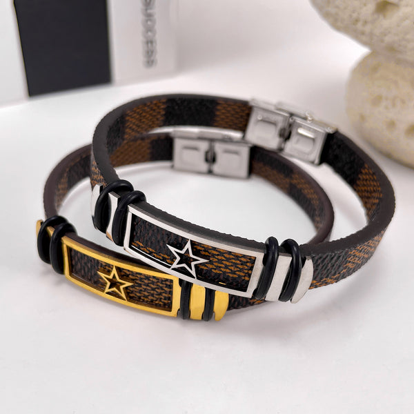 Men's Titanium Stainless Steel Bracelet with Textured Leather and Star Motif - Durable and Stylish Accessory-Men's Bracelet-SunnyHouse Jewelry