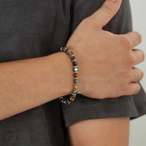 Men’s Tiger Eye Bead Bracelet – Stainless Steel & Hematite Beads, Adjustable Clasp, Durable Fashion Jewelry for Men-Men's Bracelet-SunnyHouse Jewelry