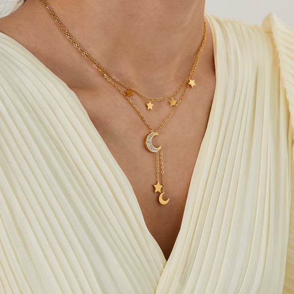 Women's Celestial Charm Necklace in Gold with Moon and Stars - Elegant Layered Jewelry with Crystals-Women's Necklace-SunnyHouse Jewelry