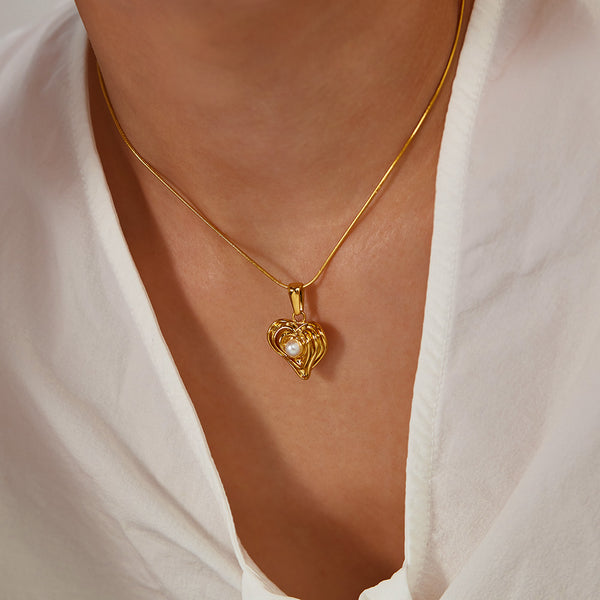 Women’s Titanium Stainless Steel Heart Pendant Necklace with Pearl Accent, Gold-Plated Adjustable Chain, Hypoallergenic Elegant Jewelry for Women and Girls-Women's Necklace-SunnyHouse Jewelry