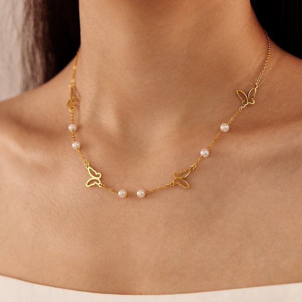 Women’s Butterfly Pendant Necklace – Gold Plated Titanium Stainless Steel with Faux Pearls – Dainty Hypoallergenic Chain Necklace – Elegant Nature-Inspired Jewelry-Women's Necklace-SunnyHouse Jewelry